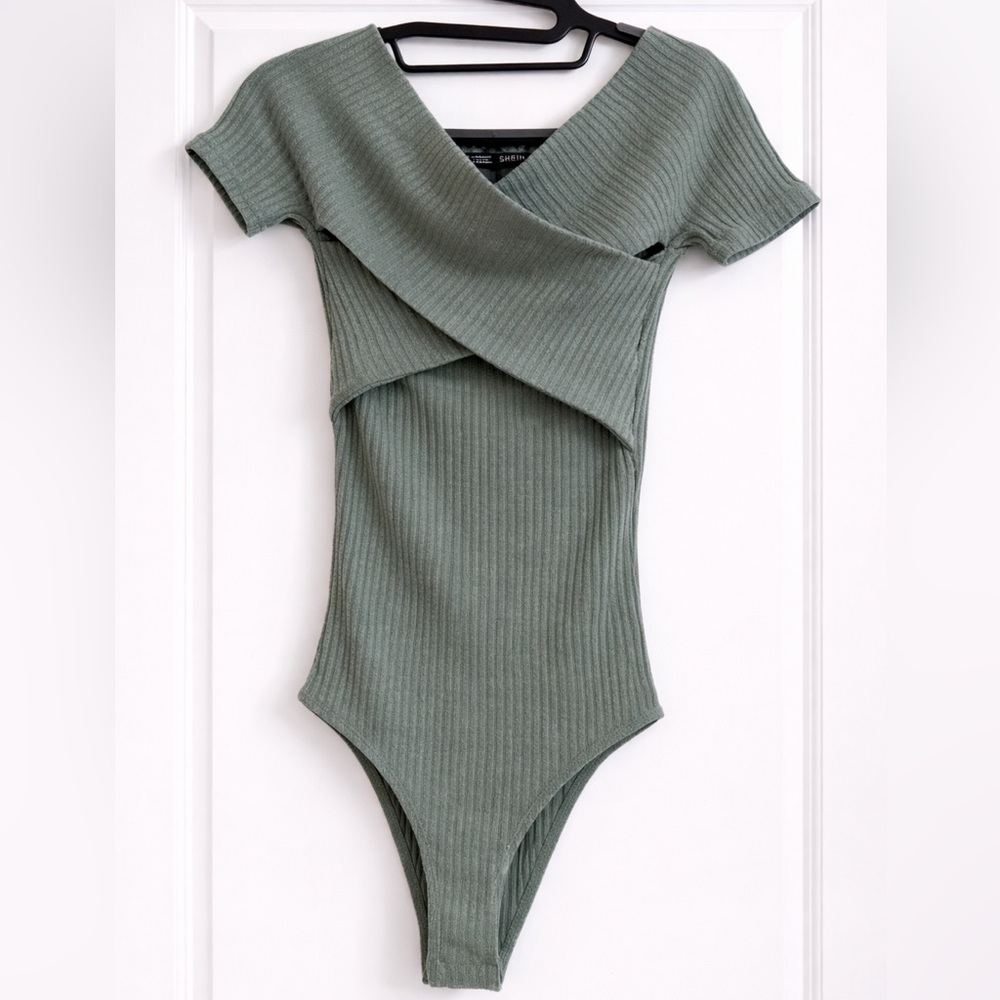 Sage Green Ribbed Off-Shoulder Bodysuit